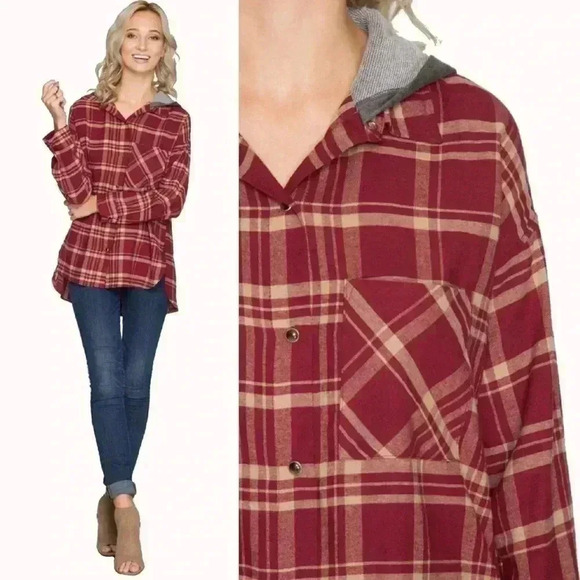“PJ” Plaid Hooded Button Up Top - Picture 3 of 4